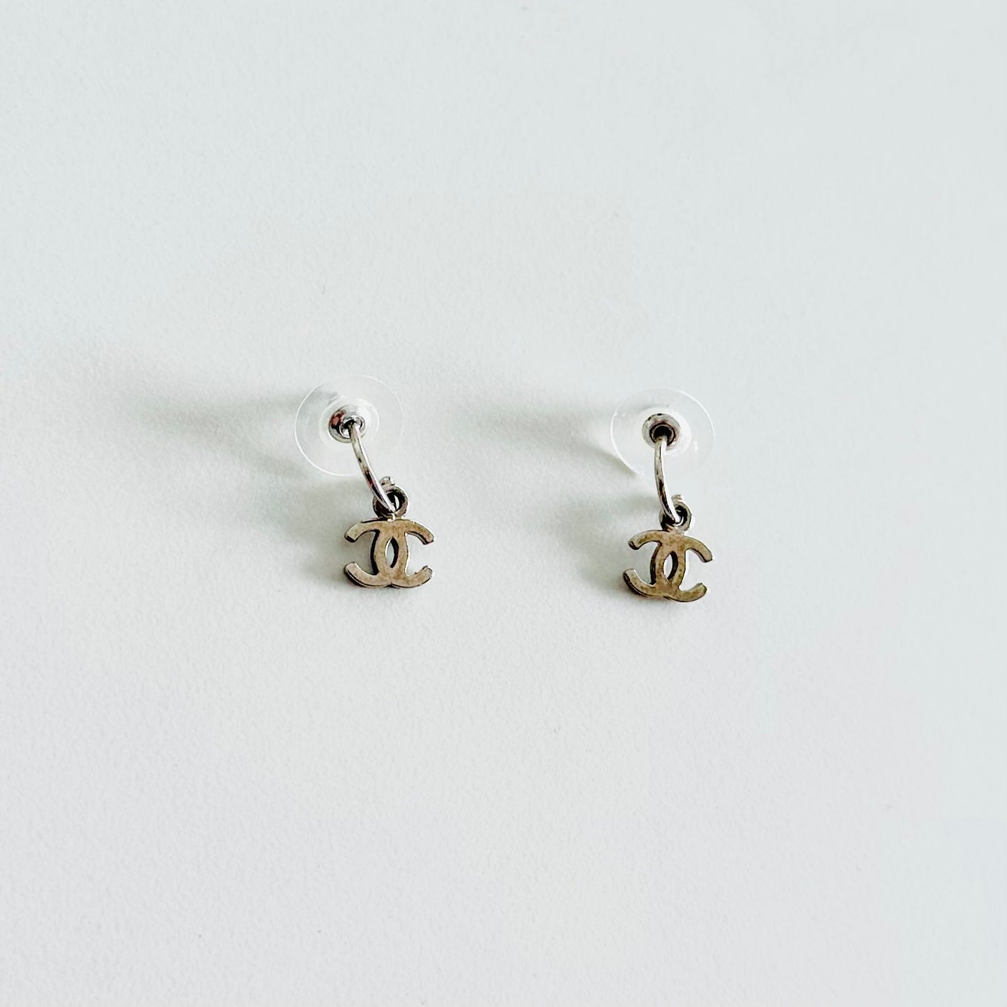 Chanel Classic CC Logo Silver Dangling Stud Vintage Earrings