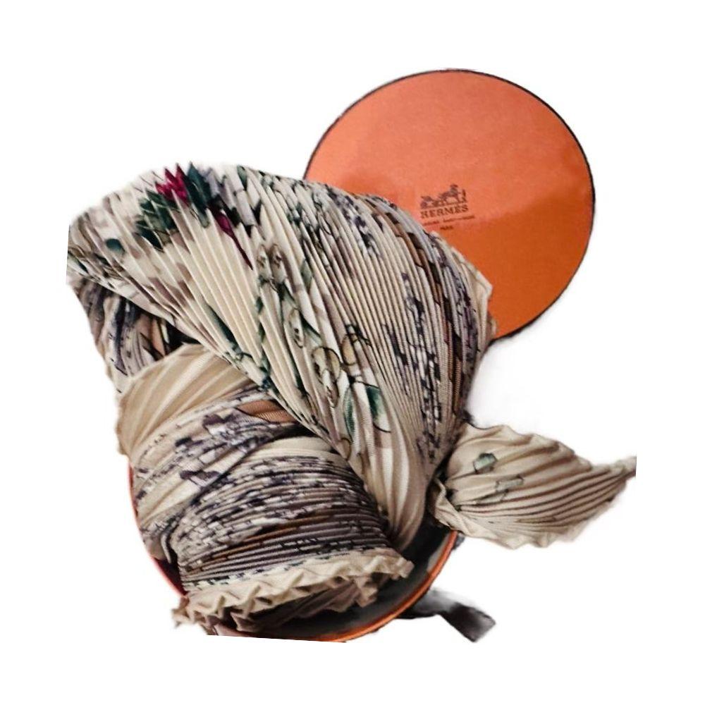 (Across 120cm) Hermes Pleated Beige Multicolour Carre Silk Scarf