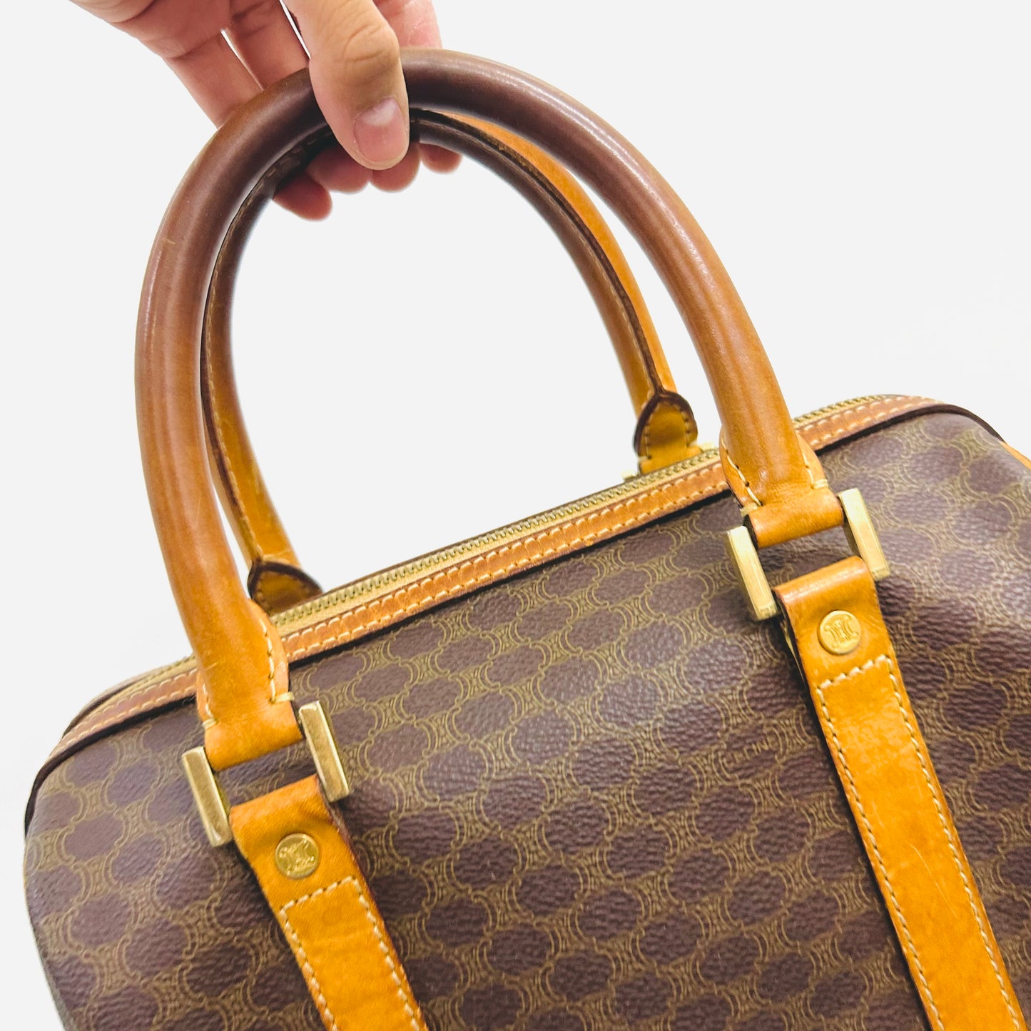 Celine Triomphe Macadam Monogram Logo GHW Top Handle Boston Speedy 25 Vintage Bag