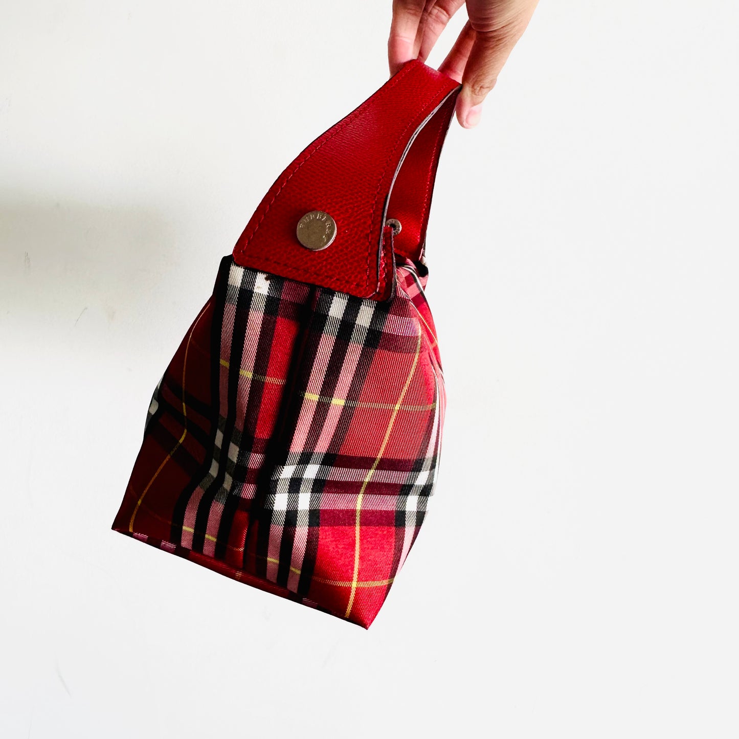 Burberry Deep Red Classic Check Nova Haymarket Checkered Baguette Hobo Shoulder Bag Wrislet Pouch Clutch