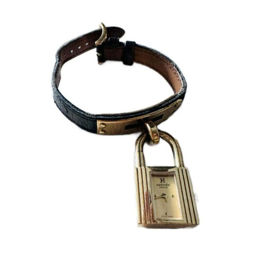 (Up To 17cm Wrist) Hermes Black Gold Hardware Kelly Lock 20mm Watch