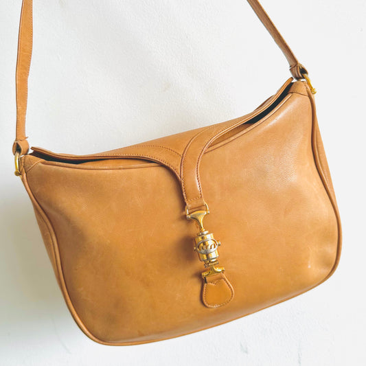 Gucci Jackie Caramel Tan Brown Leather GHW Monogram Logo Vintage 2-Way Flap Hobo Shoulder Sling Bag