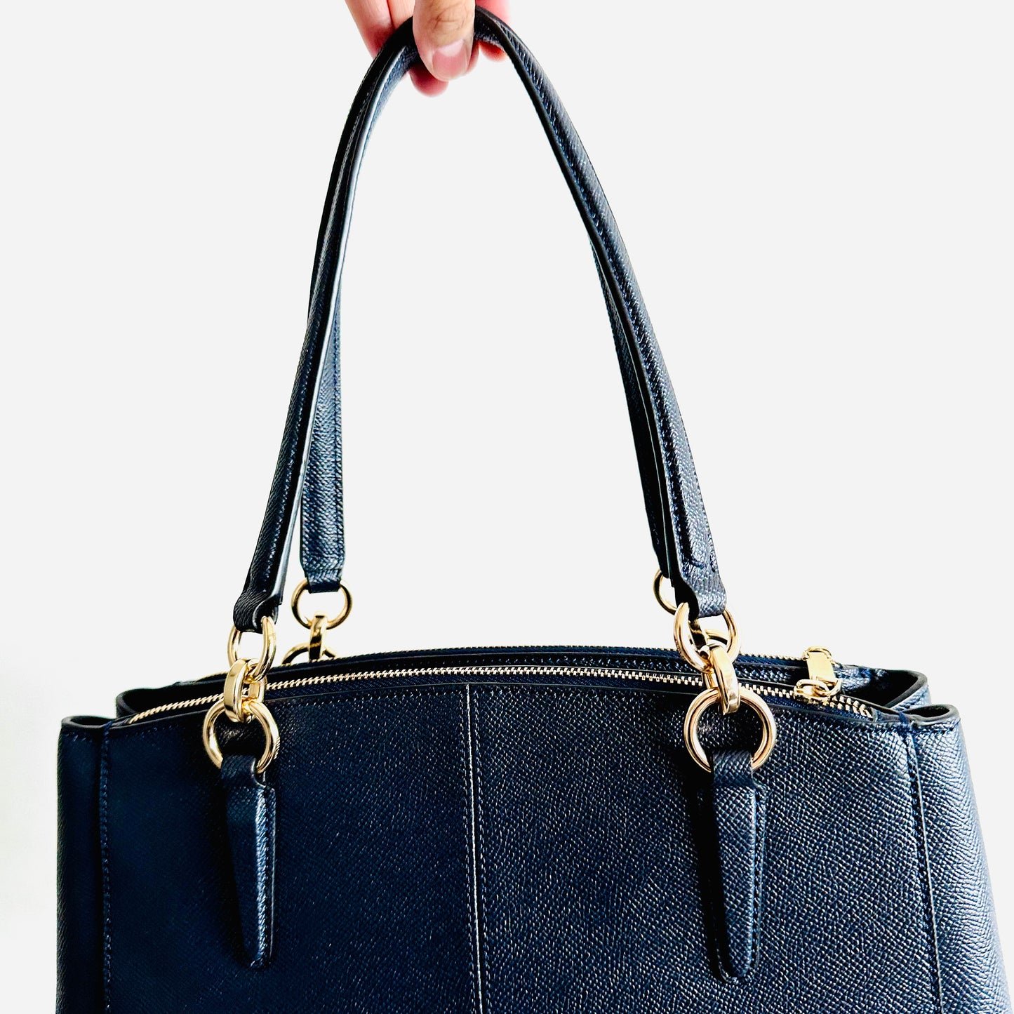 Coach Christie Navy Blue GHW Satchel Carryall 2-Way Top Handle Shoulder Sling Crossgrain Leather Tote Bag