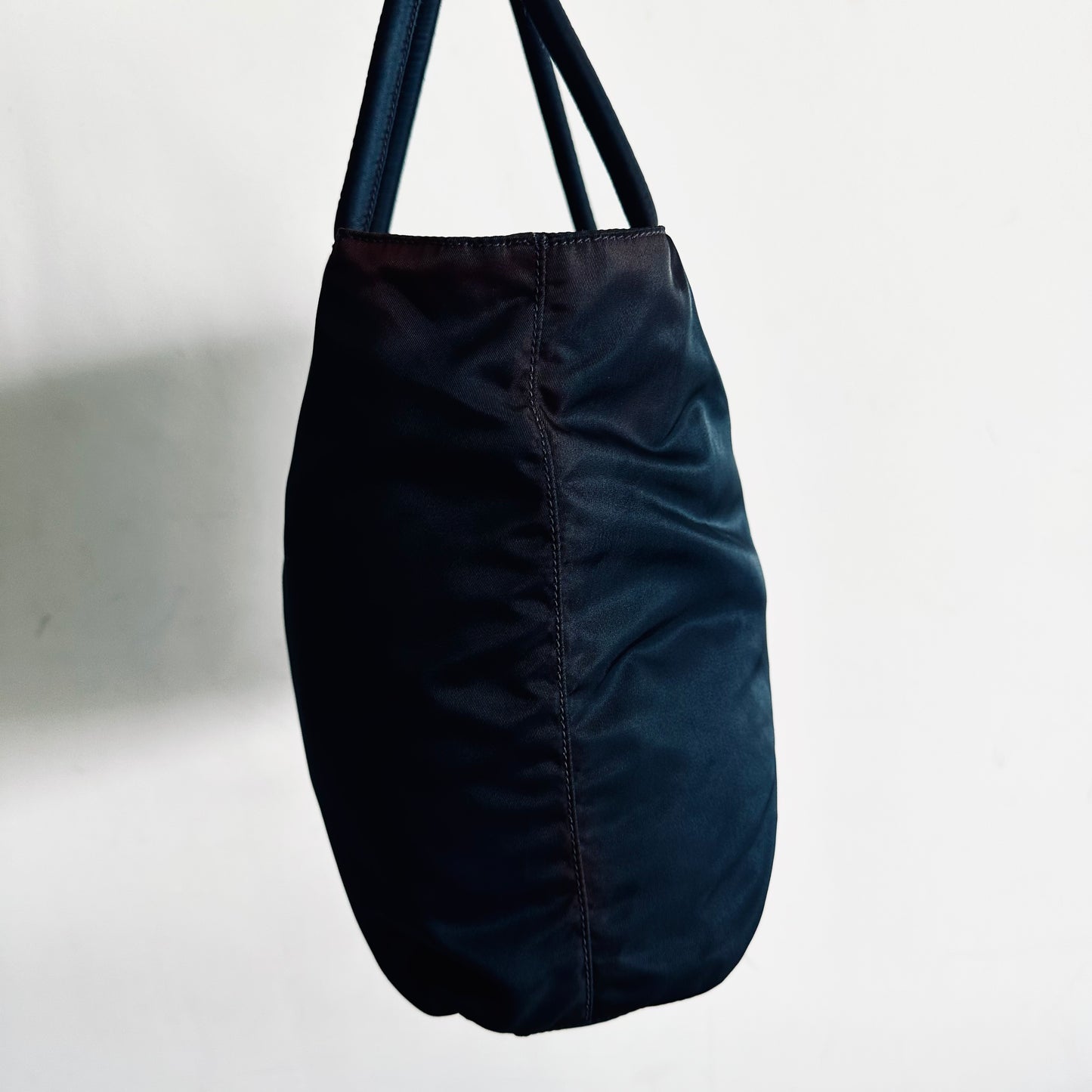 Prada Navy Blue Classic Logo Nylon Small Shopper Zip Tote Bag