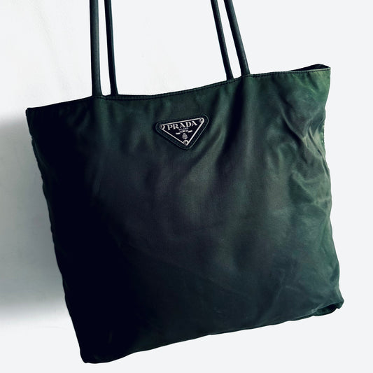 Prada Jade Green Malachite Tessuto Classic Logo Nylon Structured Zip Shoulder Tote Bag