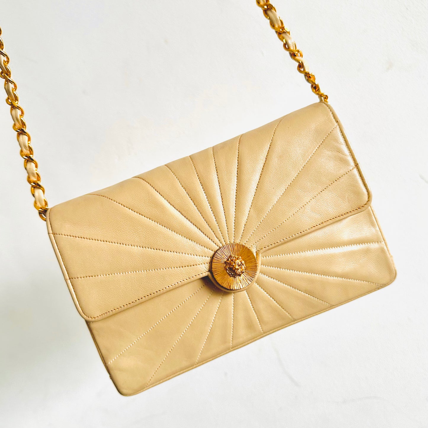 Chanel Beige GHW Sundial Spiral Lion Clasp Quilted Lambskin Small Vintage Shoulder Sling Bag 4s