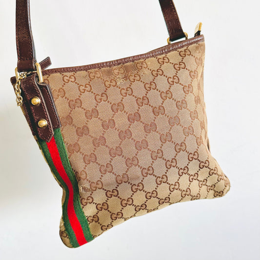 Gucci Beige Ophidia GG Monogram Logo Web Striped Small Zip Shoulder Sling Bag