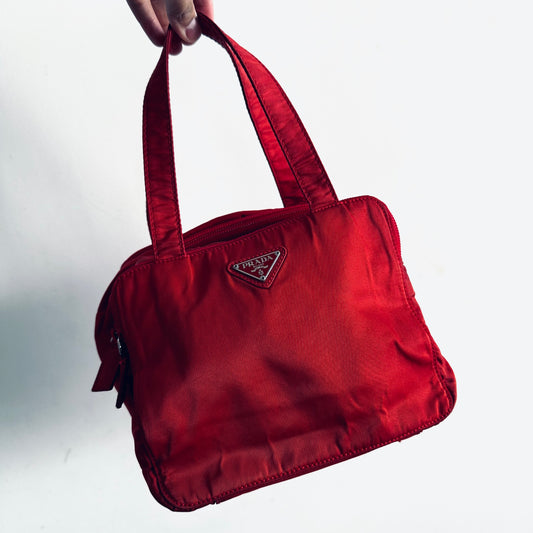 Prada Scarlet Red Tessuto Classic Logo Nylon Structured Boston Bowling Shoulder Tote Bag