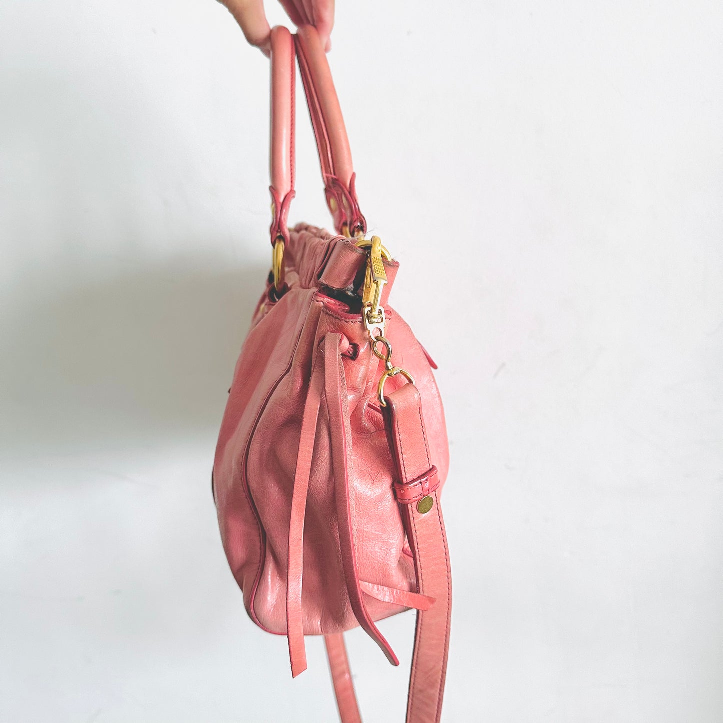 Miu Miu Rose Pink GHW Vitello Lux Classic Logo 2-Way Shopper Shoulder Sling Tote Bag