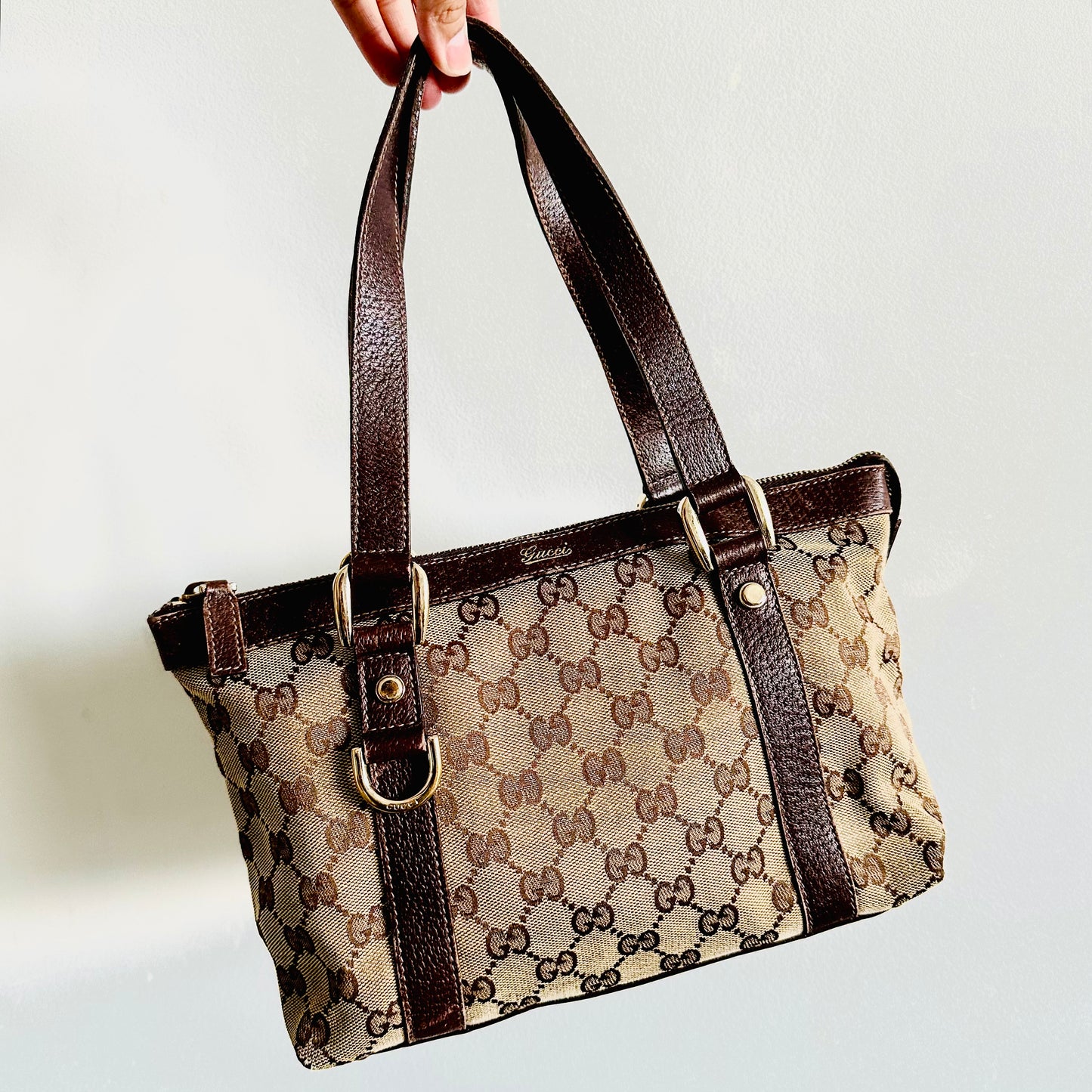 Gucci Beige / Brown Abbey GG Monogram Logo Mini Tote Bag