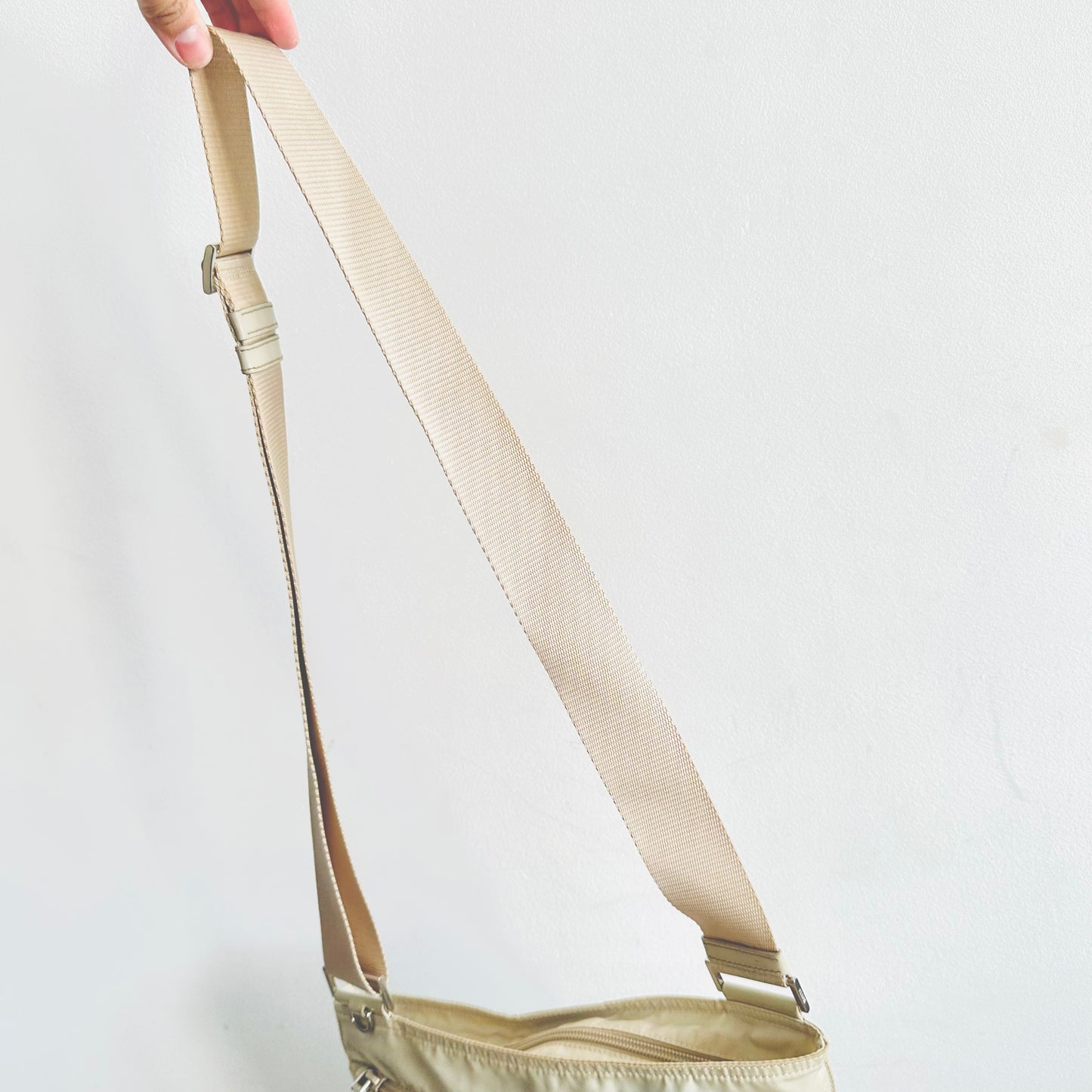 Prada Off White Cream Nylon Classic Logo Small Zipper Shoulder Sling Bag