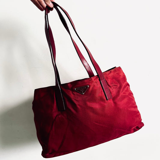 Prada Deep Maroon Red Logo Nylon & Leather Classic Wide Shopper Shoulder Tote Bag