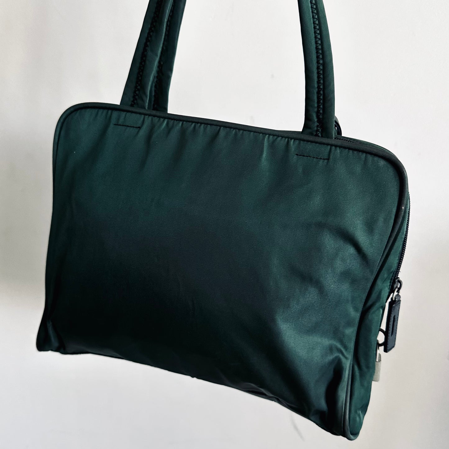 Prada Jade Green Malachite Antracite Tessuto Sport Classic Logo Nylon Structured Boston Bowling Tote Bag