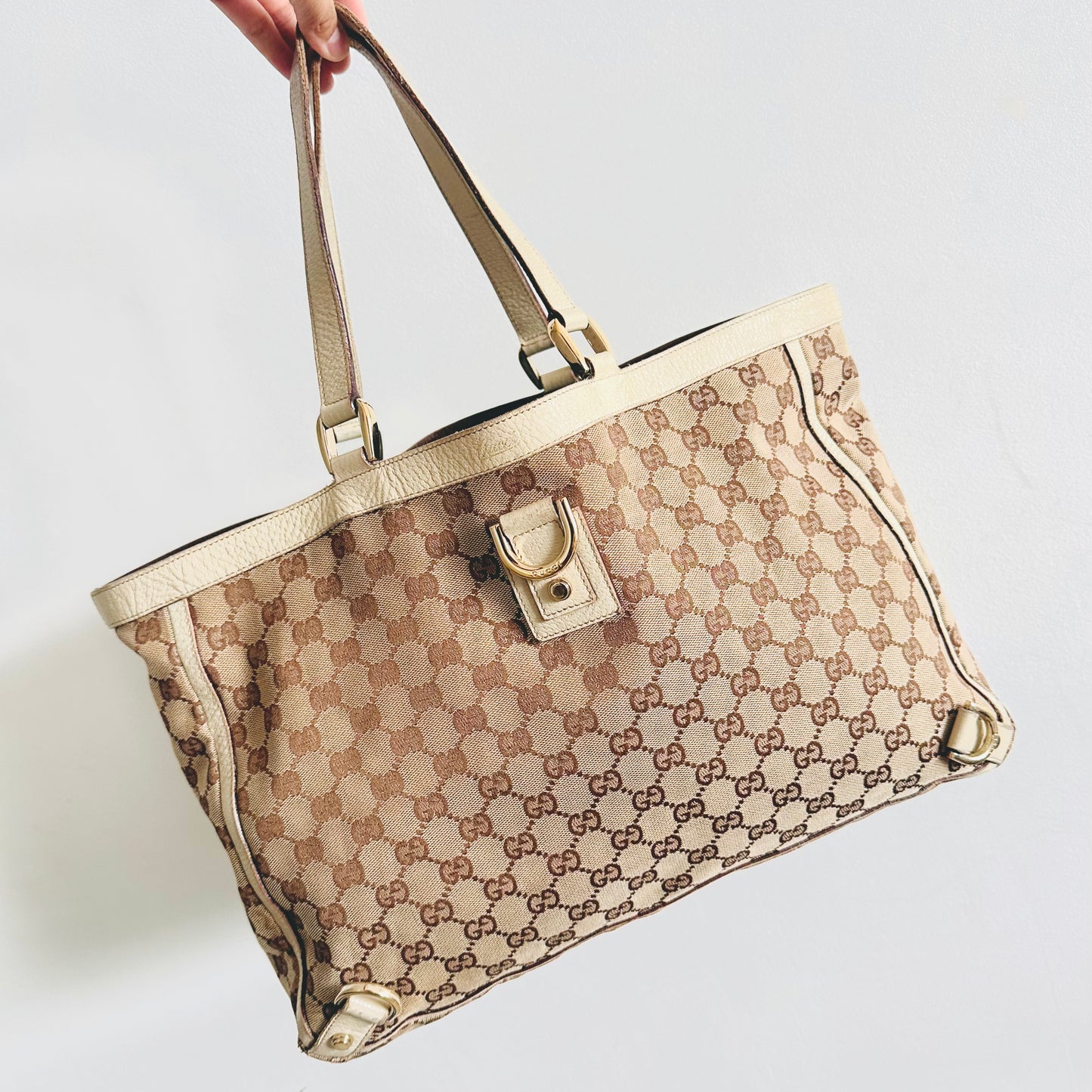 Gucci Abbey Beige / White GHW GG Monogram Logo Shopper Tote Bag