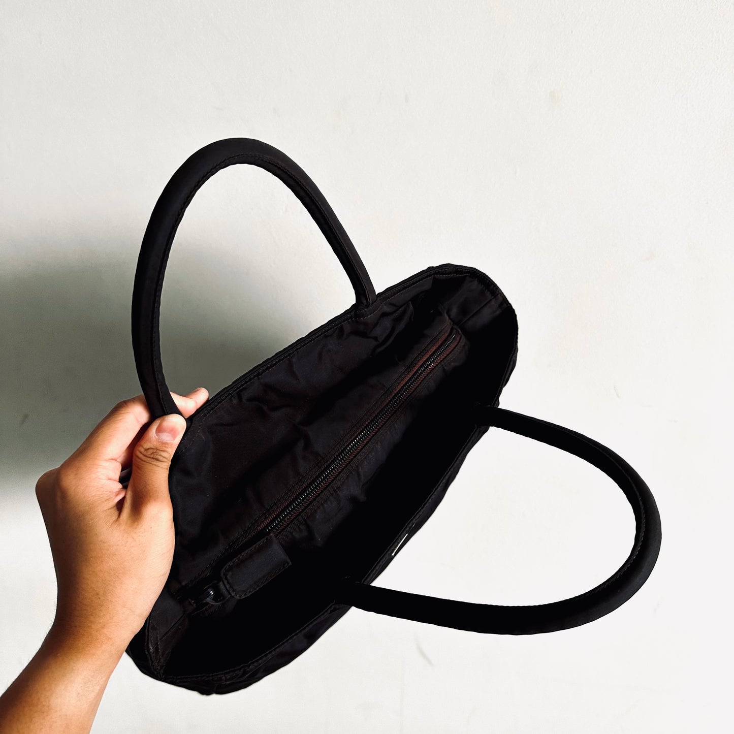 Prada Dark Brown Tessuto City Classic Logo Nylon Structured Shopper Zip Shoulder Tote Bag