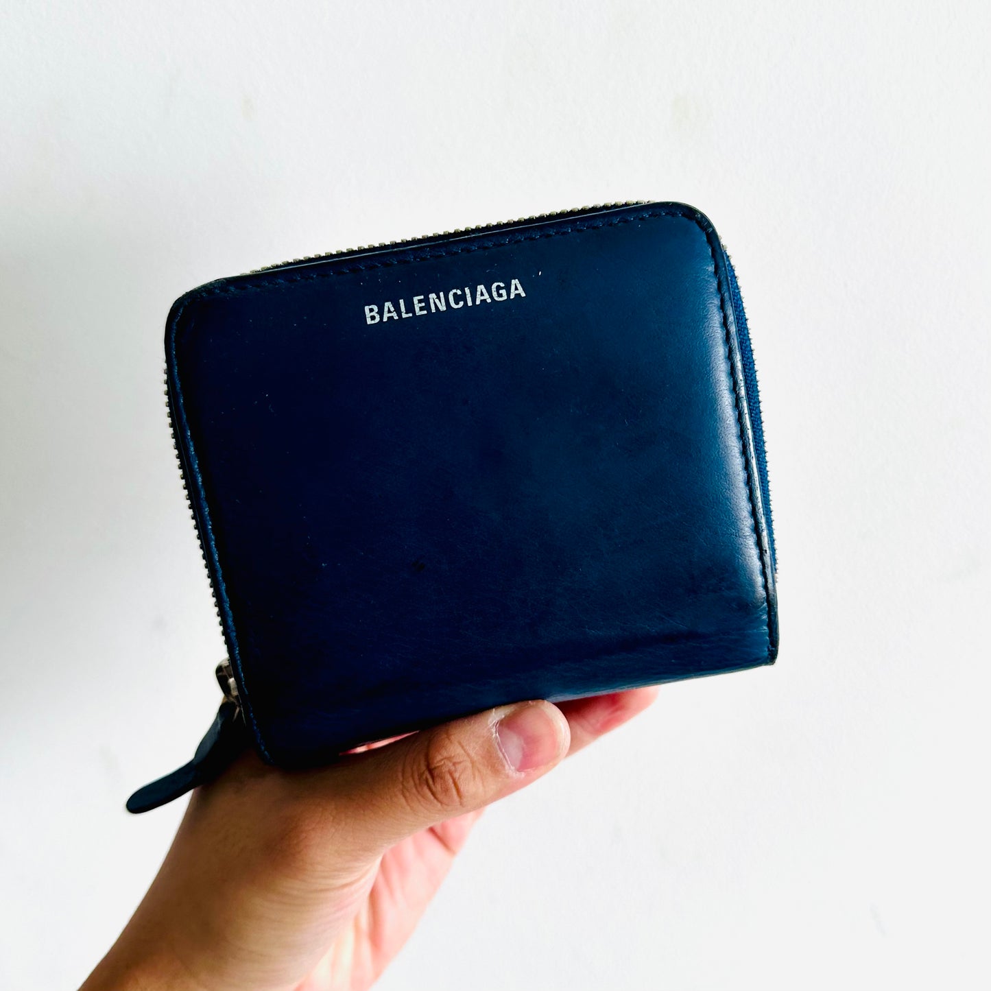 Balenciaga Everyday Navy Blue Leather Classic Motif Monogram Logo Bifold Compact Zip Around Zippy Wallet