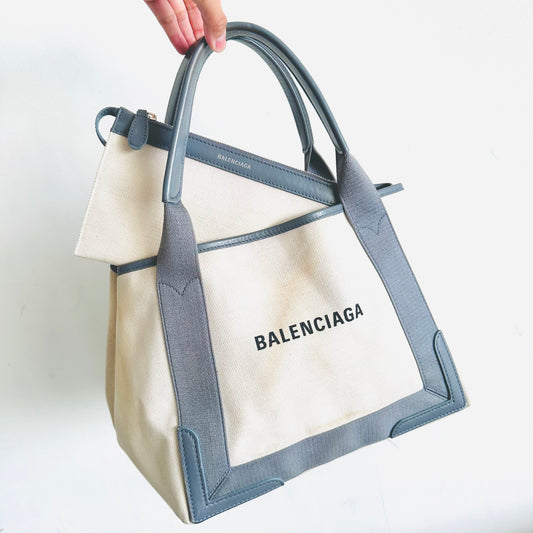 Balenciaga Slate Blue / White Cabas Logo Small S Structured Shoulder Tote Bag With Pouch