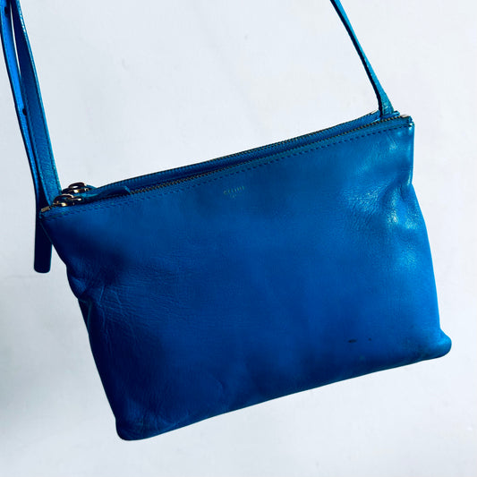 Celine Turquoise Blue GHW Large Trio Logo Shoulder Sling Bag / Pouch Clutch Case