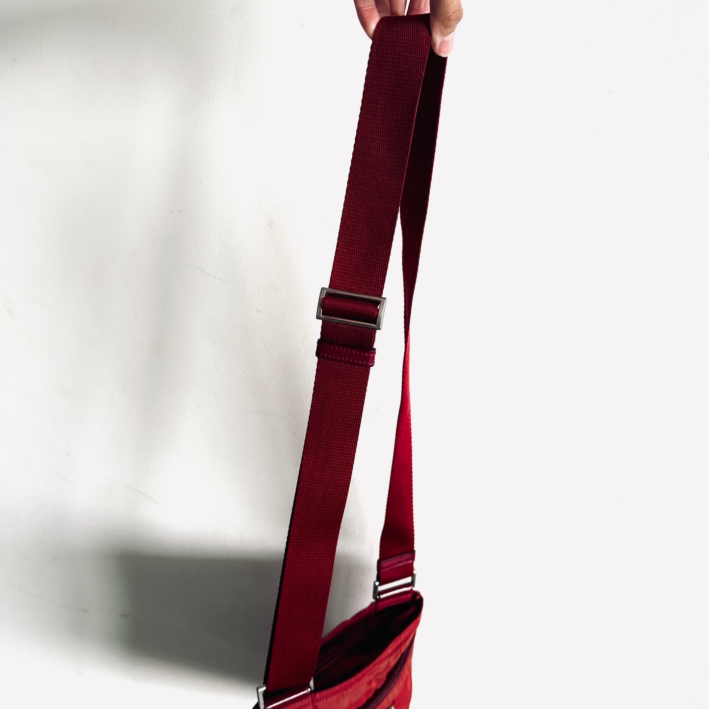 Prada Tessuto Maroon Red Small Classic Logo Zipper Shoulder Sling Bag