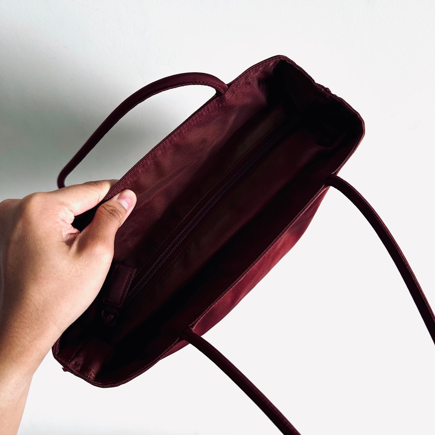 Prada Maroon Burgundy Red Classic Logo Nylon Shopper Zip Shoulder Tote Bag
