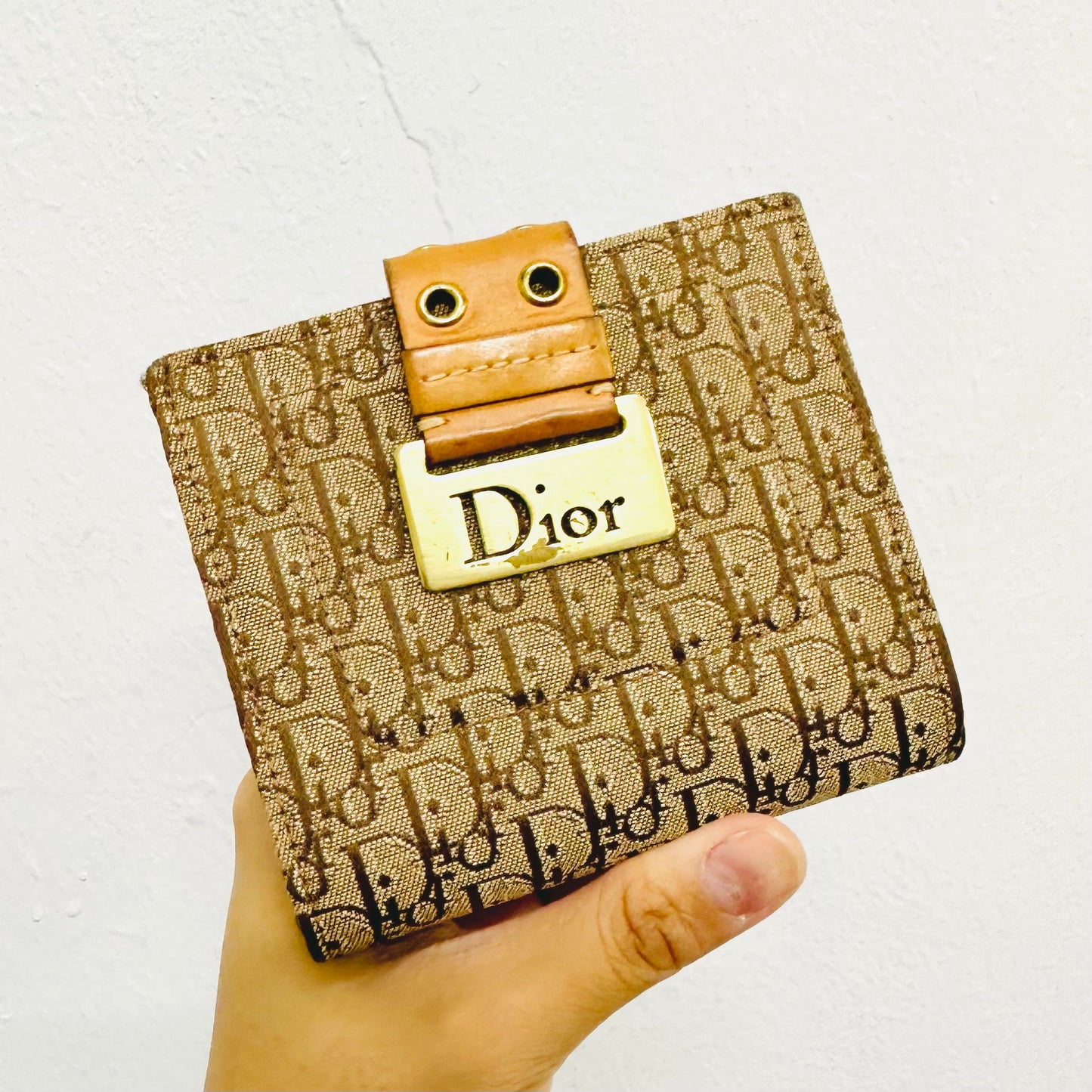 Christian Dior CD Taupe Brown GHW Oblique Monogram Logo Vintage Flap Bifold Compact Wallet