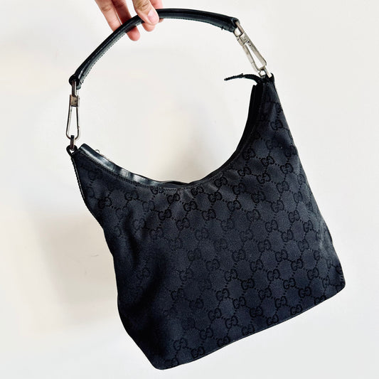 Gucci Black GG Monogram Logo Hobo Baguette Top Handle Shoulder Bag