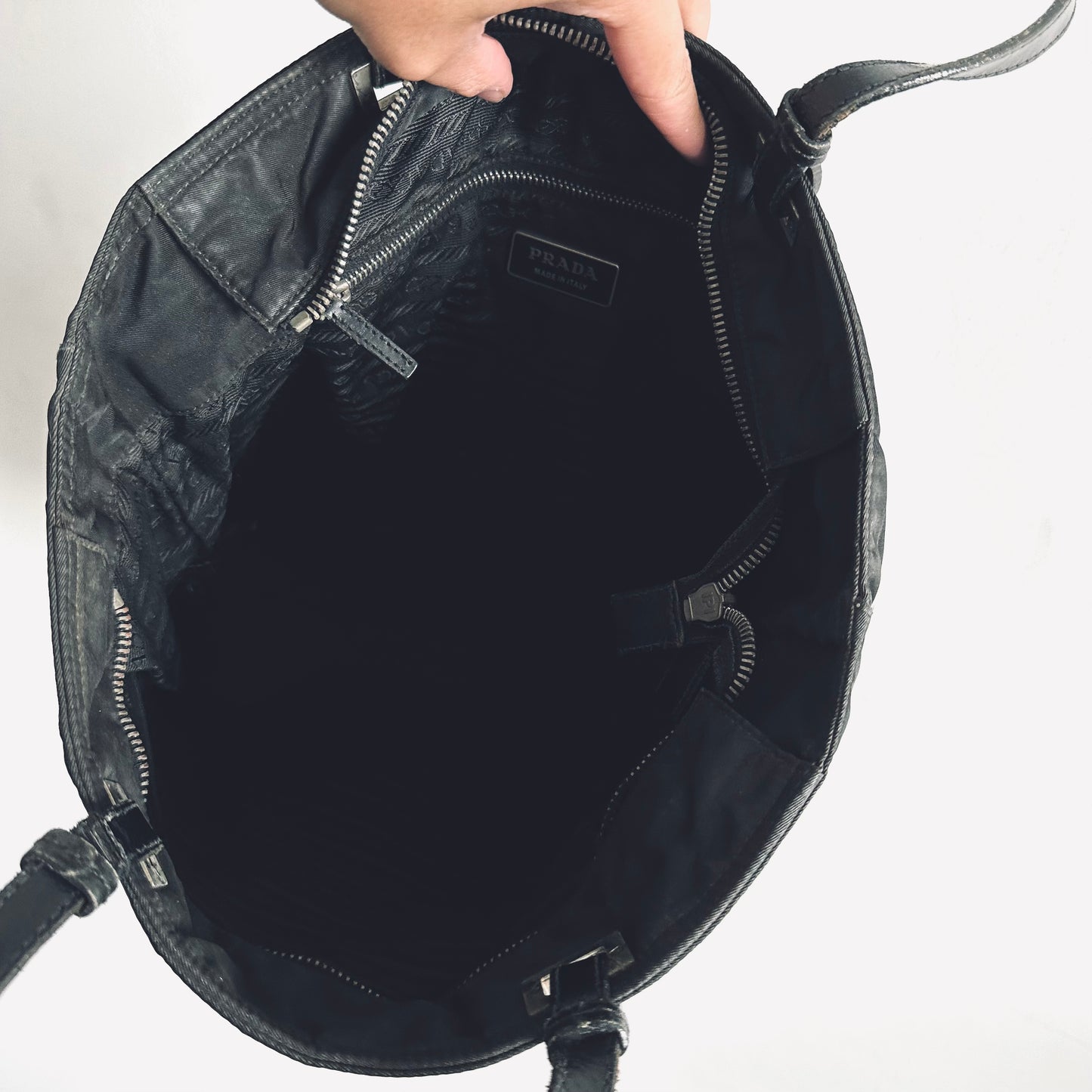 Prada Black Acciaio Tessuto Logo Classic Nylon & Leather Shopper Shoulder Tote Bag