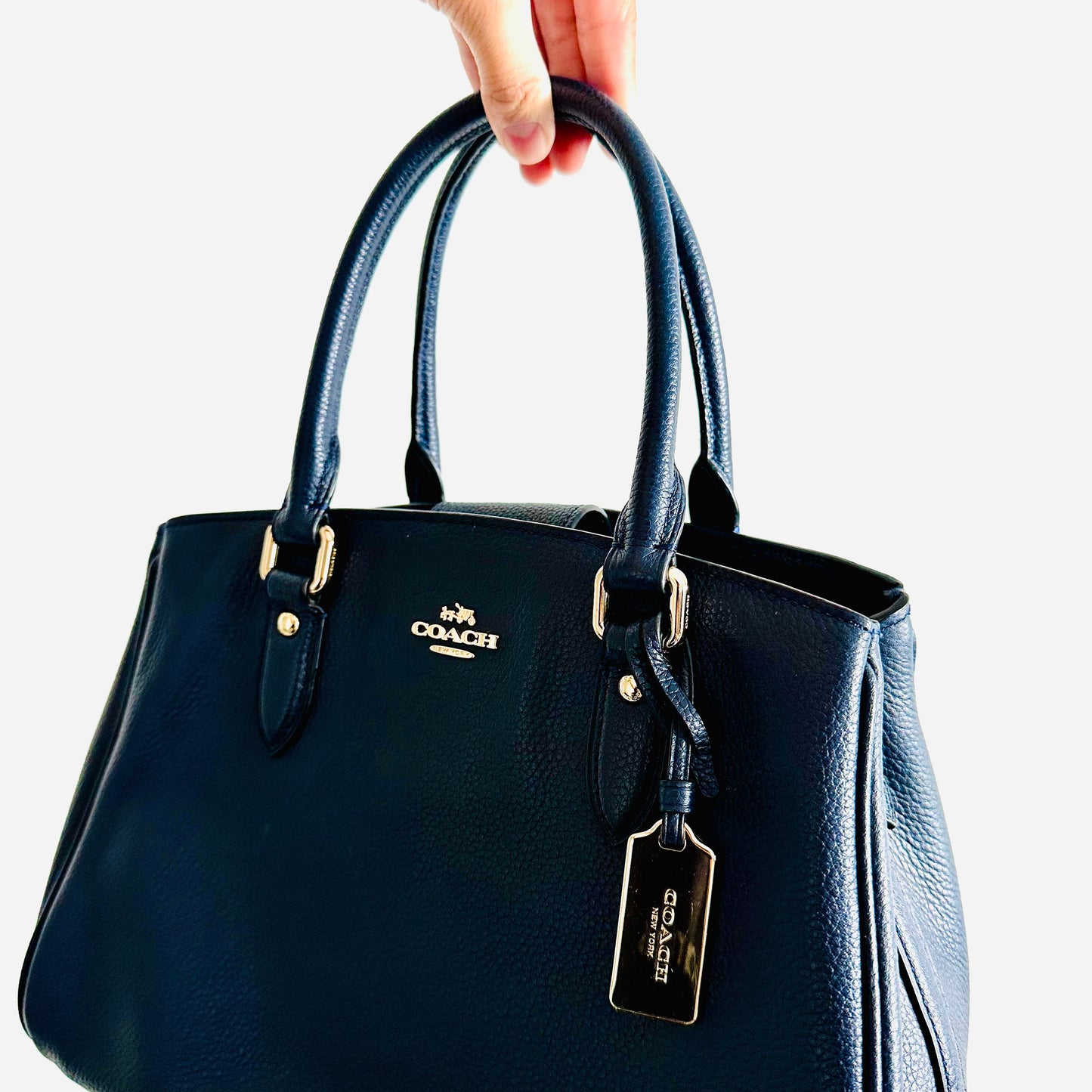 Coach Navy Blue GHW Empire Carryall 2-Way Top Handle Shoulder Sling Pebbled Leather Tote Bag