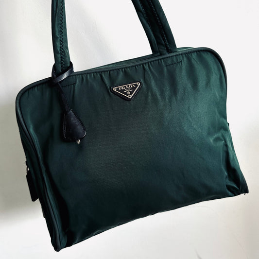 Prada Jade Green Malachite Antracite Tessuto Sport Classic Logo Nylon Structured Boston Bowling Tote Bag