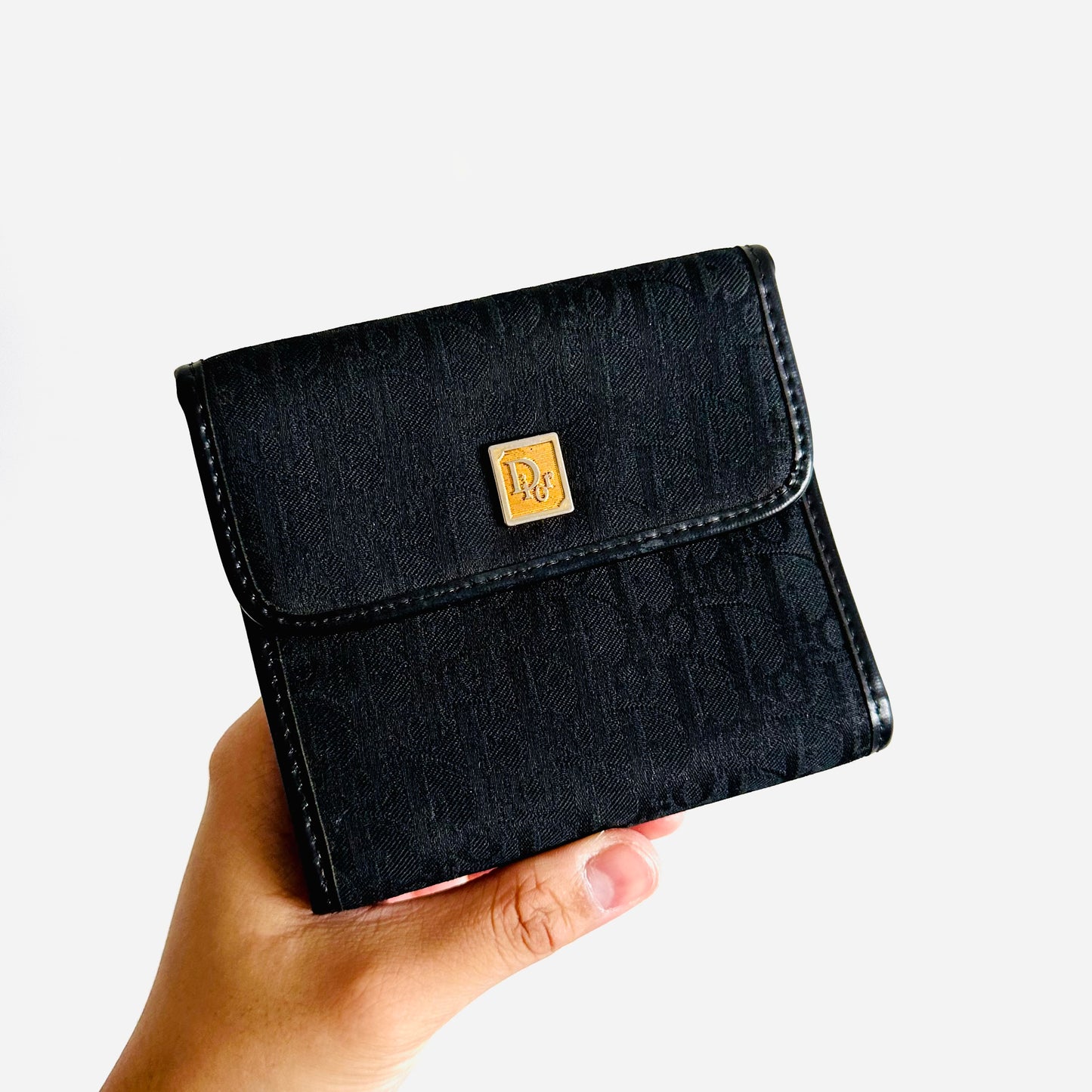 Christian Dior CD Black GHW Oblique Monogram Logo Flap Vintage Trifold Compact Wallet
