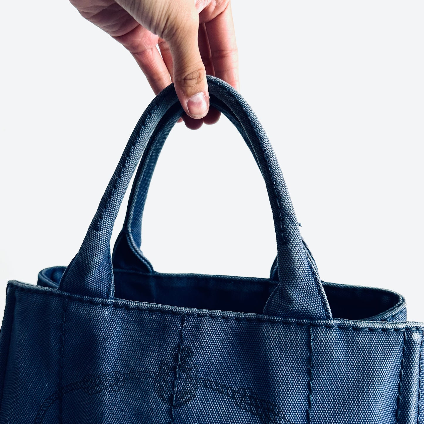 Prada Dark Blue Denim GHW Small Canapa Classic Logo Structured Shopper Tote Bag