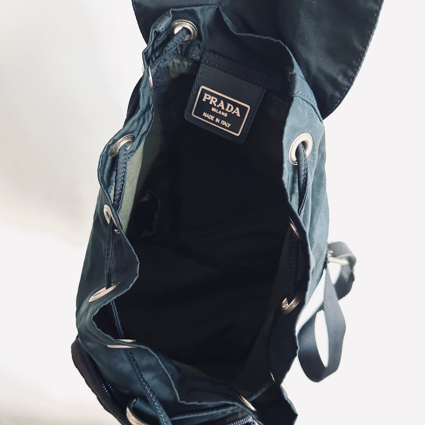 Prada Navy Blue Tessuto Small Classic Logo Nylon & Leather Backpack Drawstring Bag