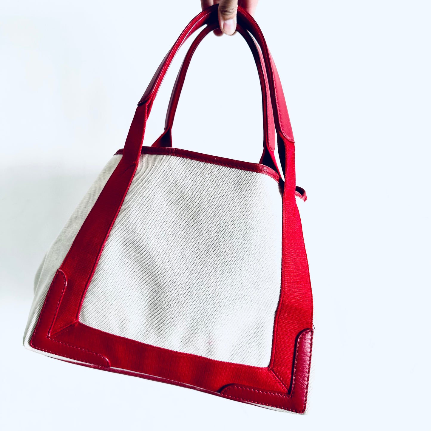 Balenciaga Cabas S Logo Red & White Small Structured Shoulder Tote Bag With Pouch