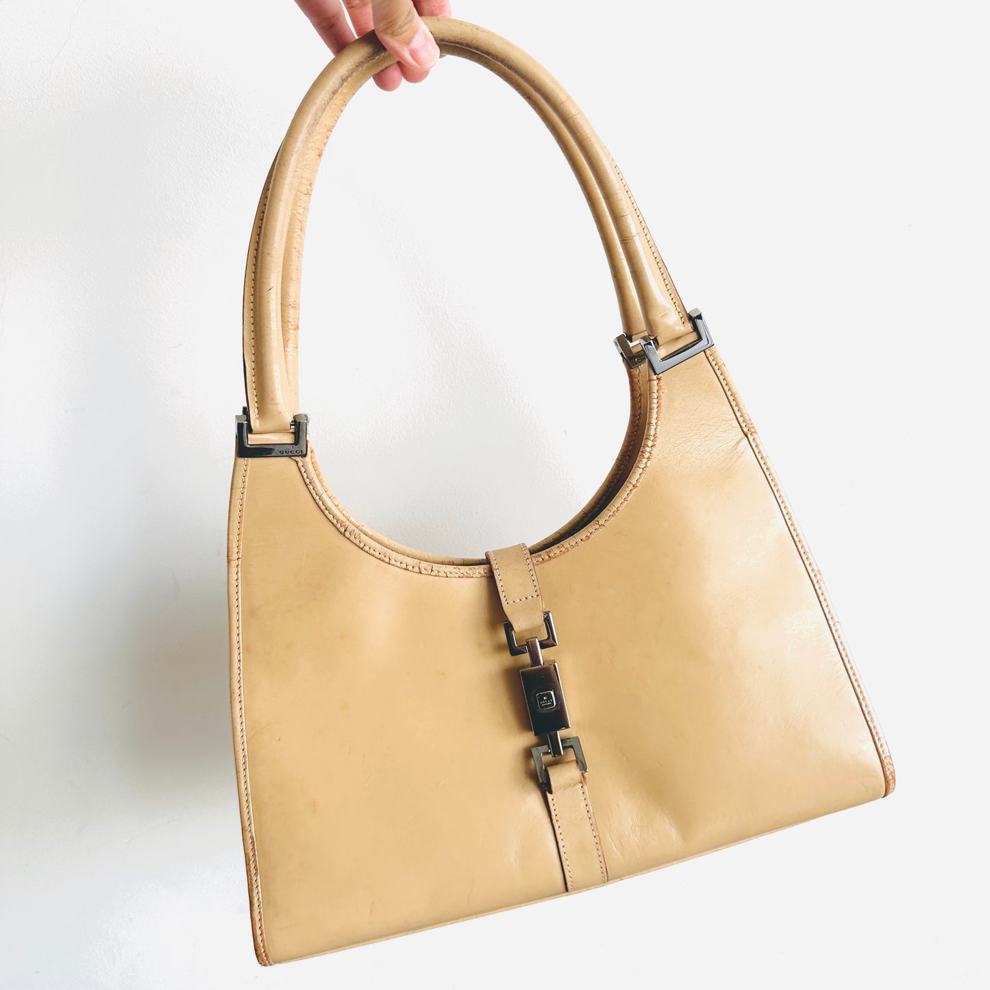 Gucci Jackie Beige Leather Monogram Logo Flap Vintage Hobo Shoulder Bag