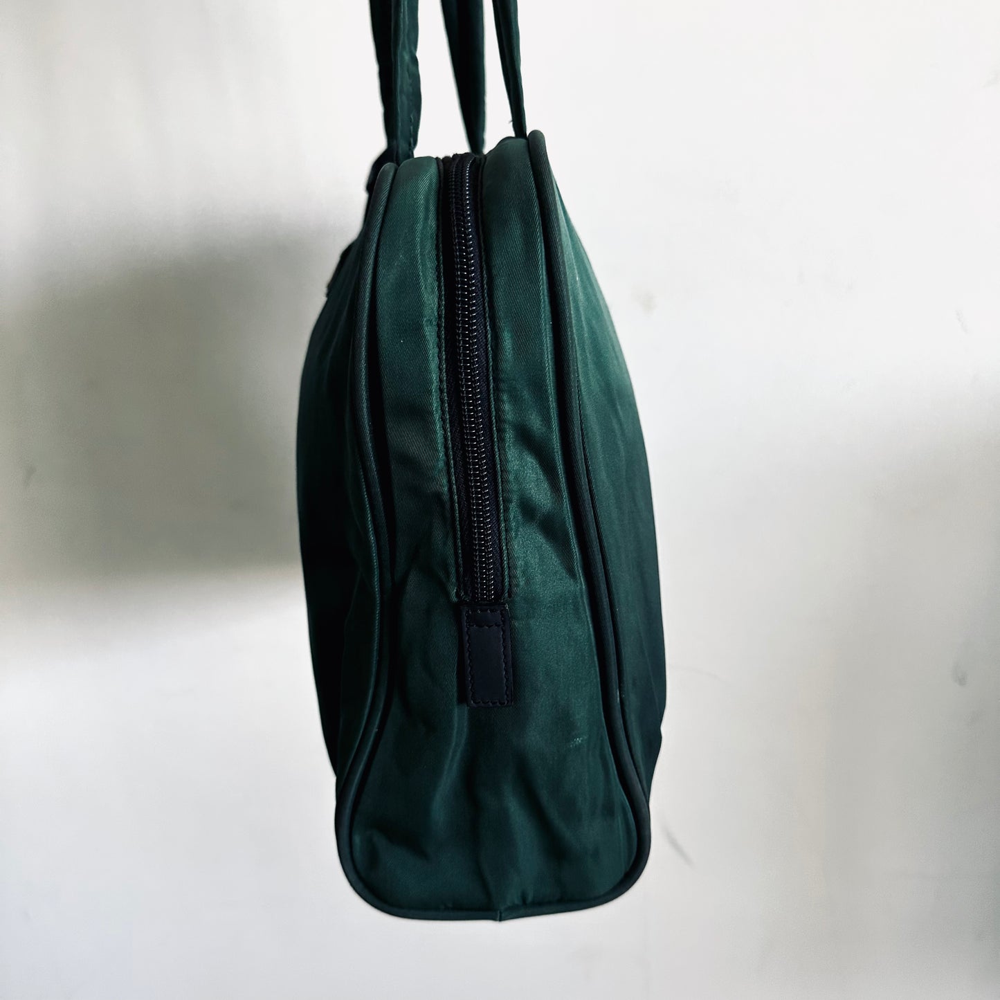 Prada Jade Green Malachite Antracite Tessuto Sport Classic Logo Nylon Structured Boston Bowling Tote Bag