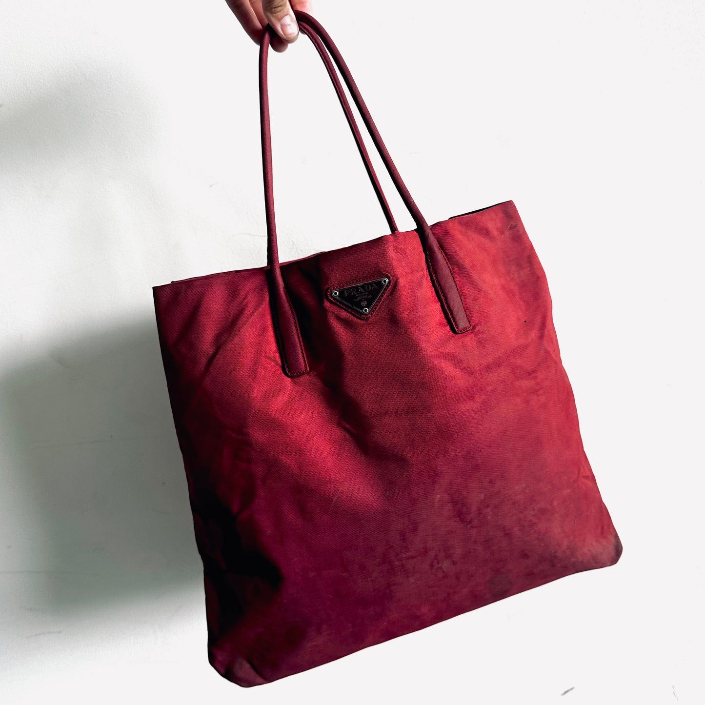 Prada Maroon Red Tessuto Classic Nylon & Leather Logo Shopper Shoulder Tote Bag