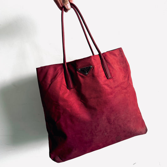 Prada Maroon Red Tessuto Classic Nylon & Leather Logo Shopper Shoulder Tote Bag