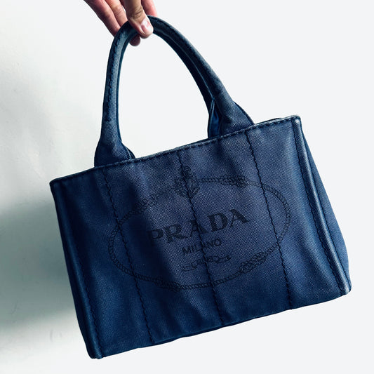 Prada Dark Blue Denim GHW Small Canapa Classic Logo Structured Shopper Tote Bag