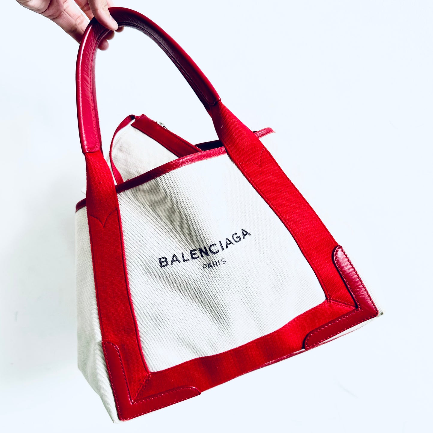 Balenciaga Cabas S Logo Red & White Small Structured Shoulder Tote Bag With Pouch