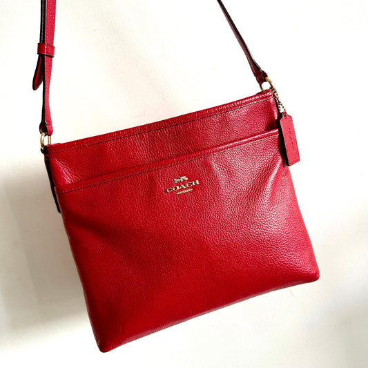 Coach Deep Rouge Red GHW File Logo Pebbled Leather Messenger Shoulder Sling Bag