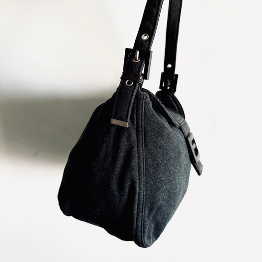 Fendi Dark Grey FF Logo Wool Baguette Hobo Mamma Pochette Small Shoulder Flap Bag