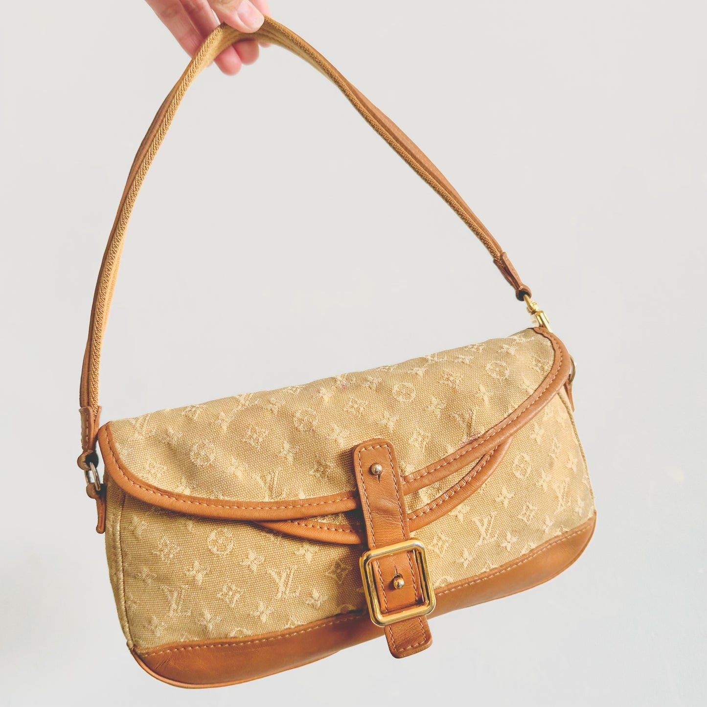 Louis Vuitton LV Mini Lin Marjorie Caramel Brown Beige GHW Monogram Logo Flap Baguette Hobo Shoulder Bag