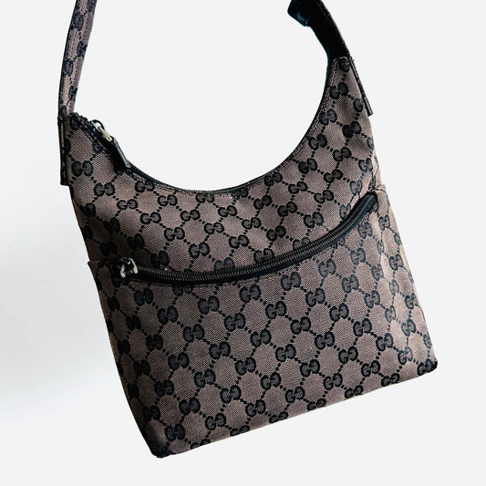 Gucci Black / Dark Brown GG Monogram Logo Hobo Baguette Shoulder Bag