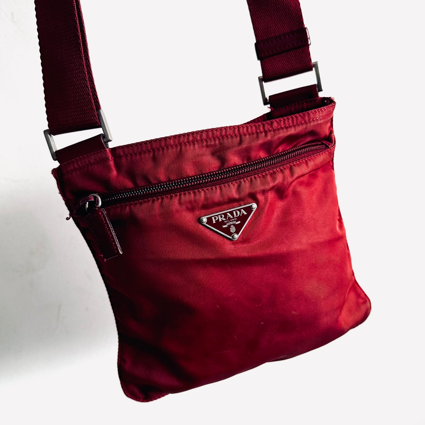 Prada Tessuto Maroon Red Small Classic Logo Zipper Shoulder Sling Bag