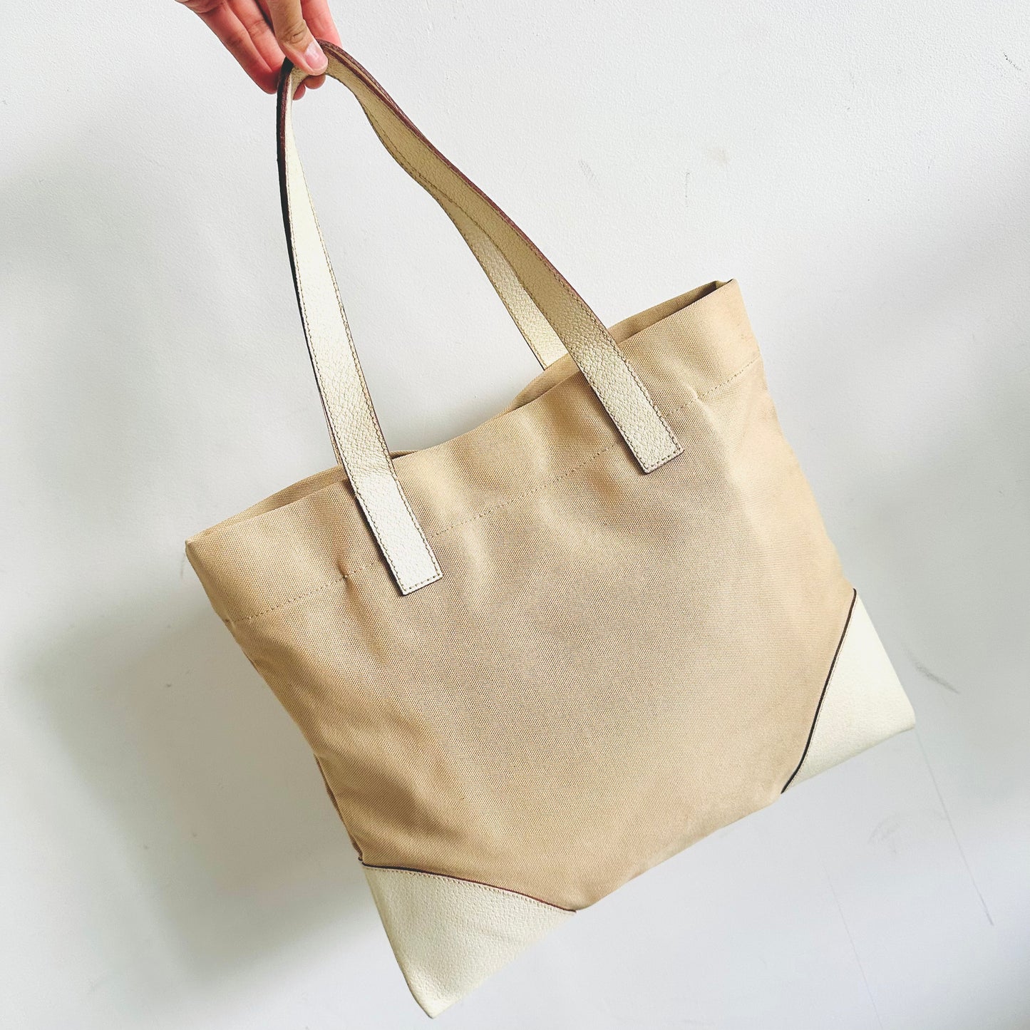 Prada Cream Off White Beige Classic Logo Nylon & Leather Shopper Tote Bag
