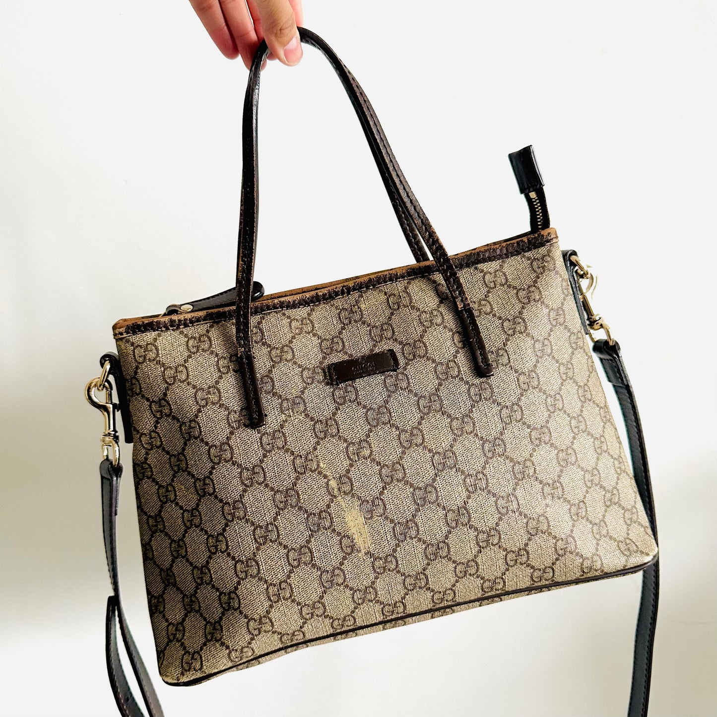 Gucci Monogram Canvas and Black Leather Two Way Bag with Shoulder Strap