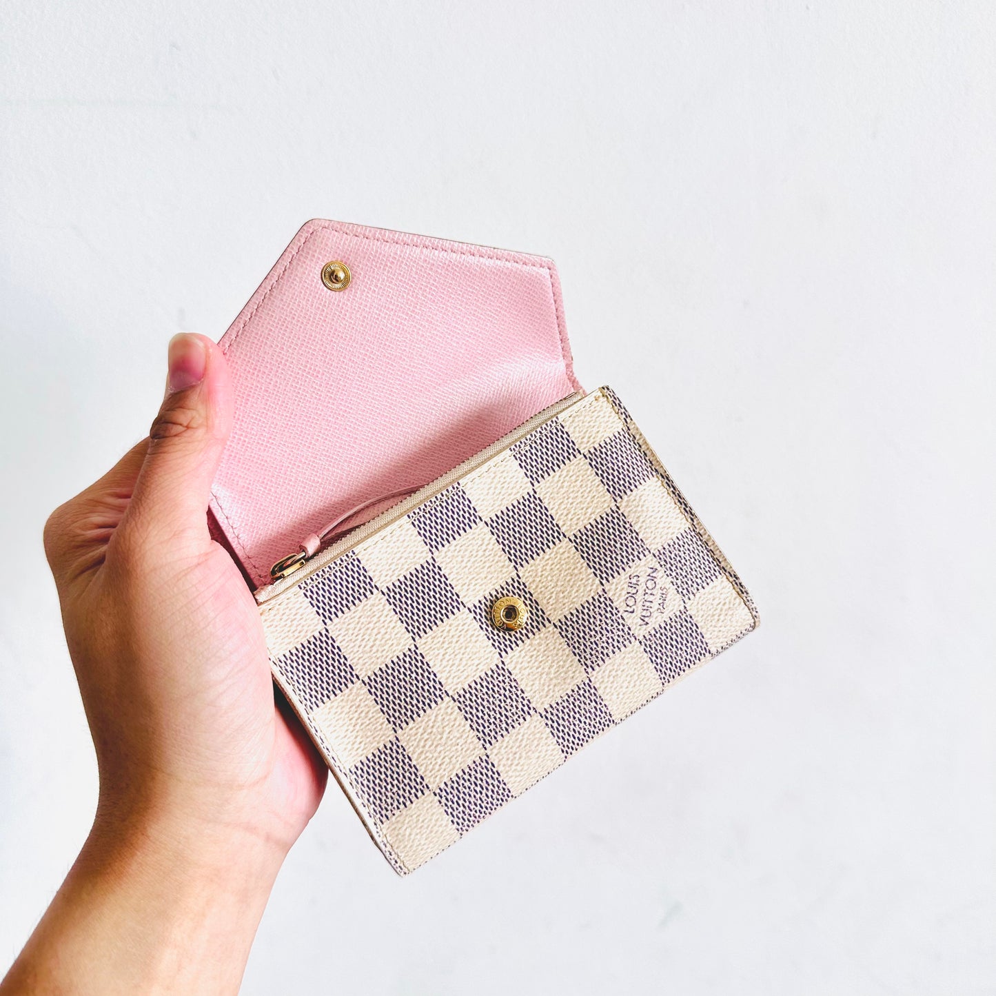 Louis Vuitton LV Victorine Damier Azur DA & Rose Ballerine Pink Monogram Logo GHW Flap Compact Trifold Wallet