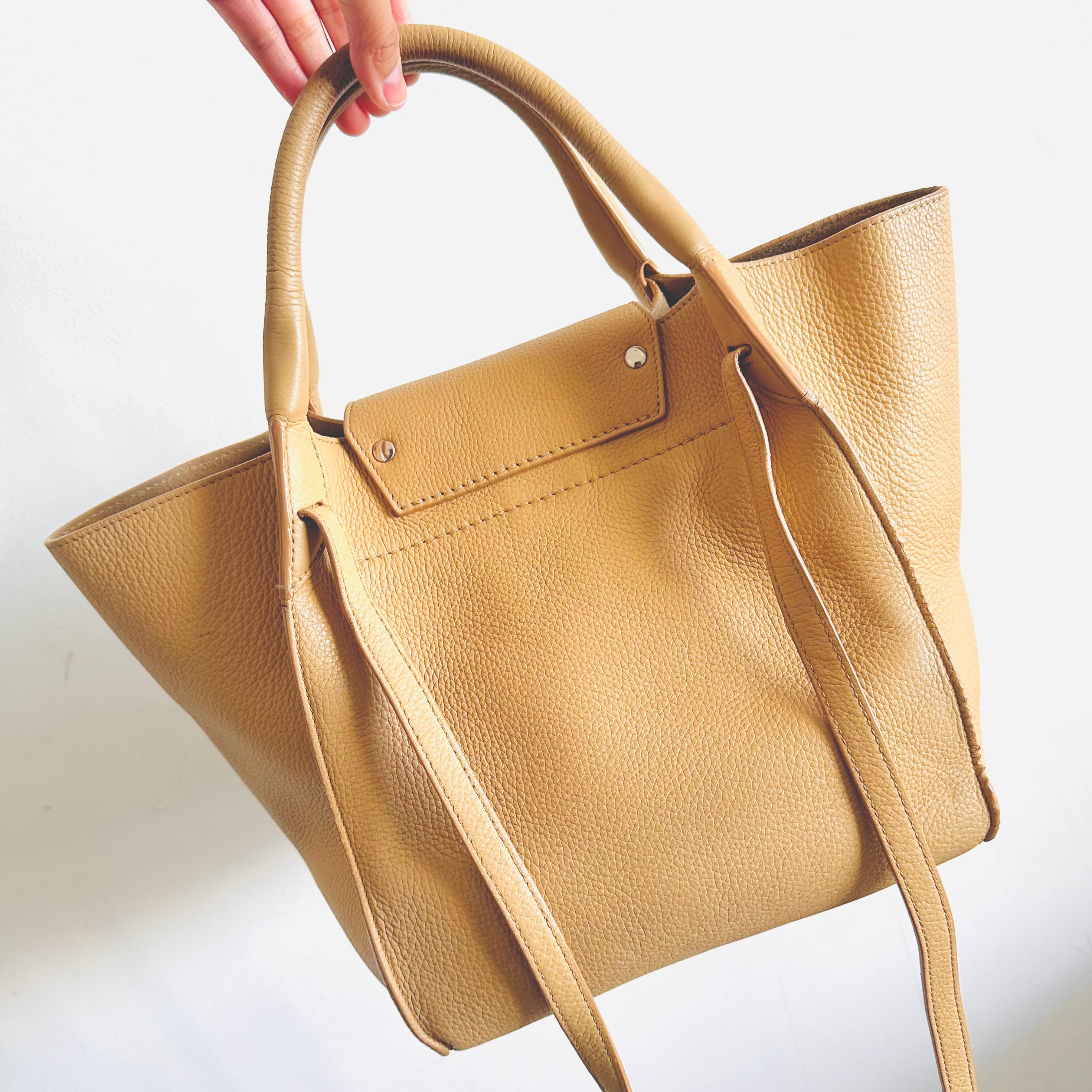 Celine Sand Taupe Beige Small Big Bag With Long Strap Top Handle Shoulder Sling Belt Tote Bag In Supple Grained Calfskin Leather