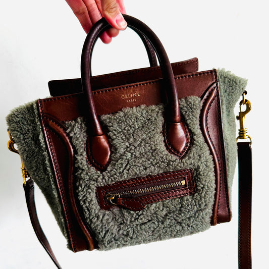 Celine Nano Luggage Smooth Leather Mouton Furry Terry Teddy GHW Monogram Logo Top Handle Shoulder Sling Bag