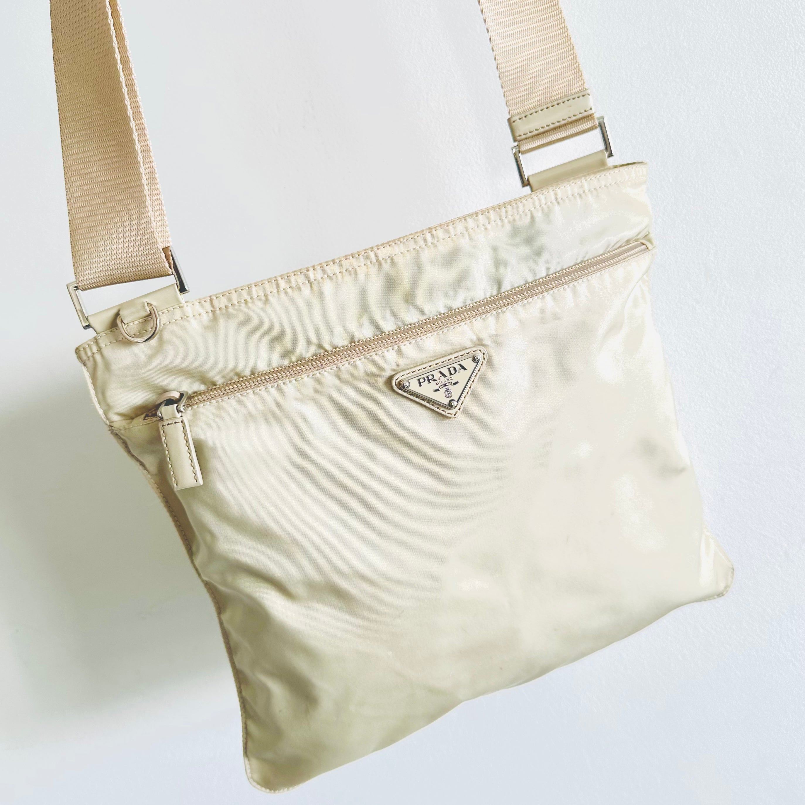 Prada Off White Cream Nylon Classic Logo Small Zipper Shoulder Sling Bag